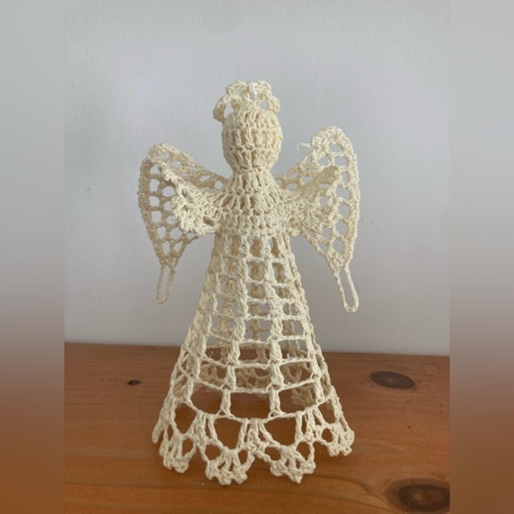 Vintage Crocheted Beige Starched Angel Tree Topper 6” Tall Handmade